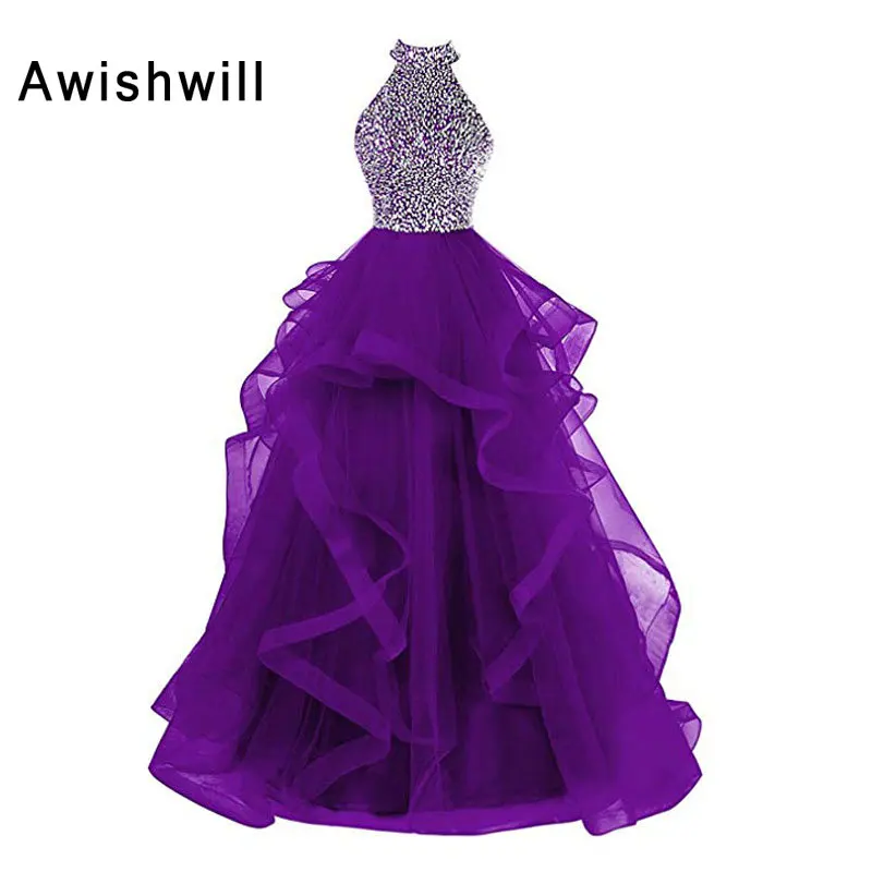 Фиолетовый Vestidos de Fiesta Largos Elegantes de Gala, открытая спина, вышивка бисером, а-силуэт, длина до пола, длинные платья для выпускного вечера для женщин, вечерние платья - Цвет: Фиолетовый