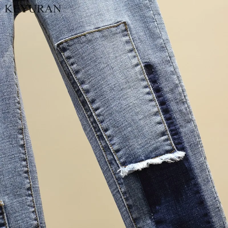 

Patchwork Contrast Block Plaid Solid High Waist Denim Pant Vintage Large Size Slim Jeans Trouser Fashion Streetwear Clothing