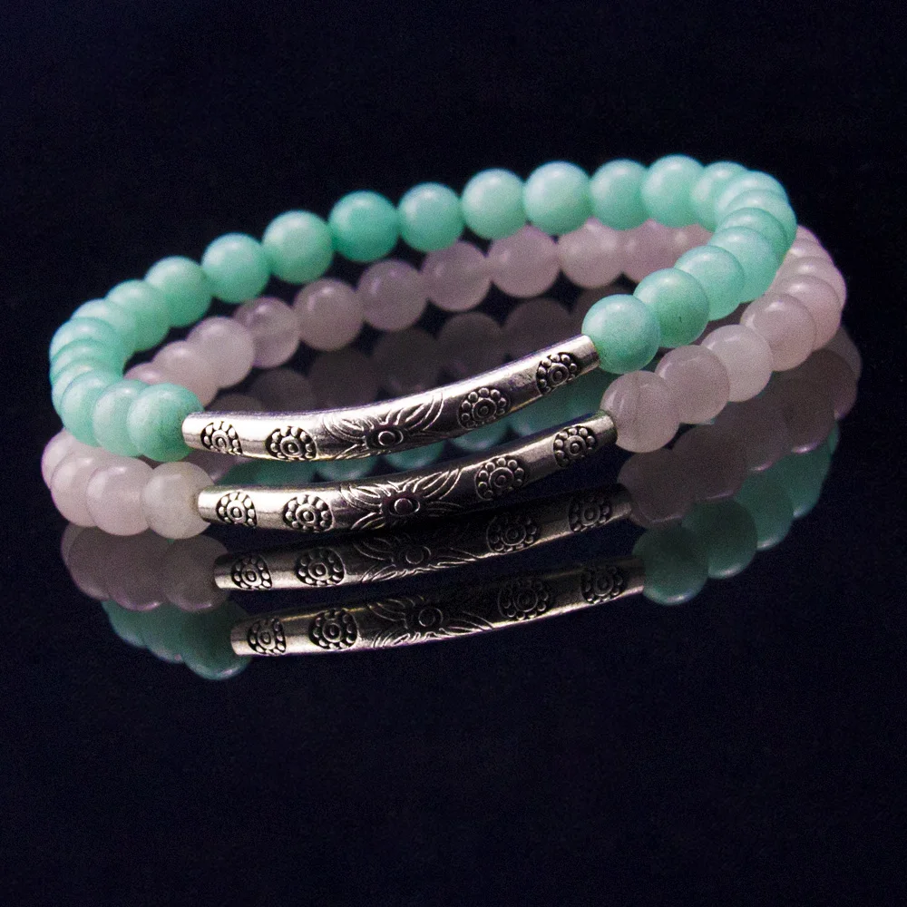 Браслет из натурального камня тибетский с кристаллами розовый и синий тянущиеся