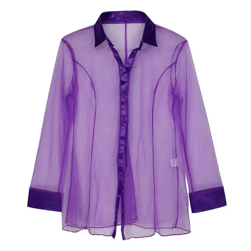 Ladies Blouse Black/Purple Tops See Through Women's Long Sleeve Club Sheer Shirt Nightwear S-2XL |