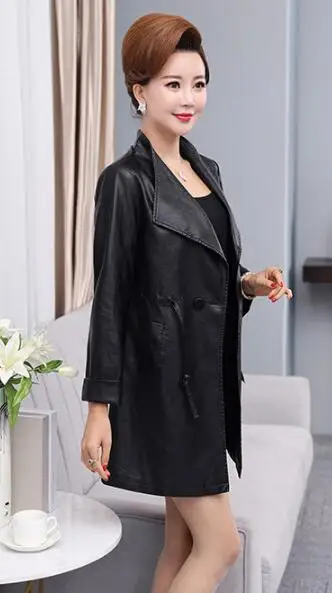Кожаная куртка женская мода размера плюс 3XL 4XL 5XL 6XL кожаный Тренч для женщин осень зима тонкие черные кожаные пальто Ds50196