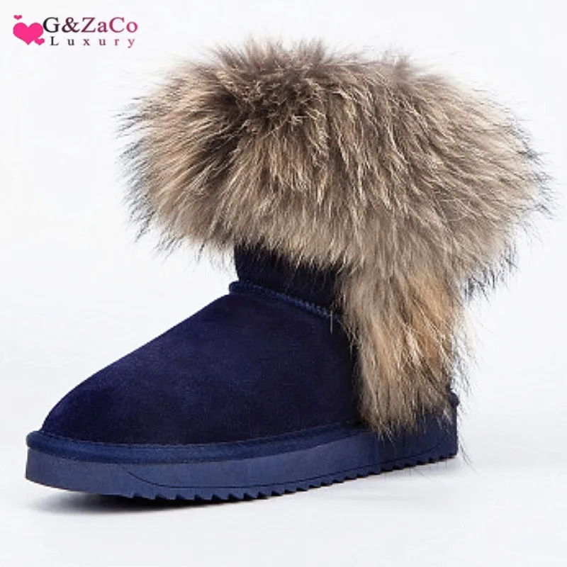 G& ZaCo/роскошные женские зимние ботинки с натуральным лисьим мехом; водонепроницаемые ботильоны из натуральной кожи на плоской подошве; зимние ботинки на натуральном меху