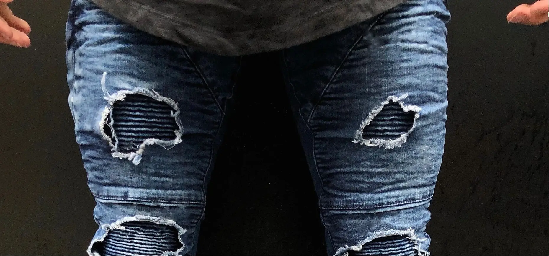 

New Men Jeans Skinny Knee Ripped Hole Destroyed Stretchy Jeans Men Casual Personality Pleated Zipper Pencil Pants