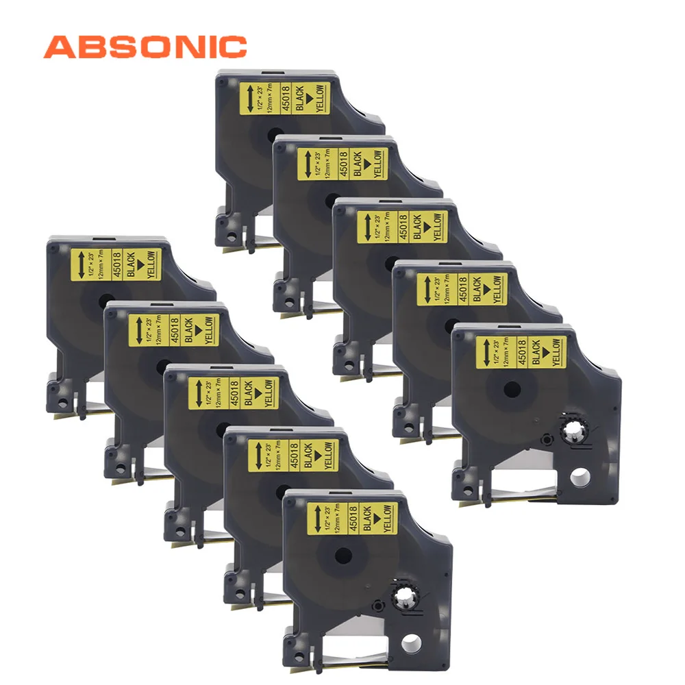 Absoonic 10 шт. 12 мм лента для заправки DYMO D1 45018 черный на желтый совместимый с LabelManager PnP
