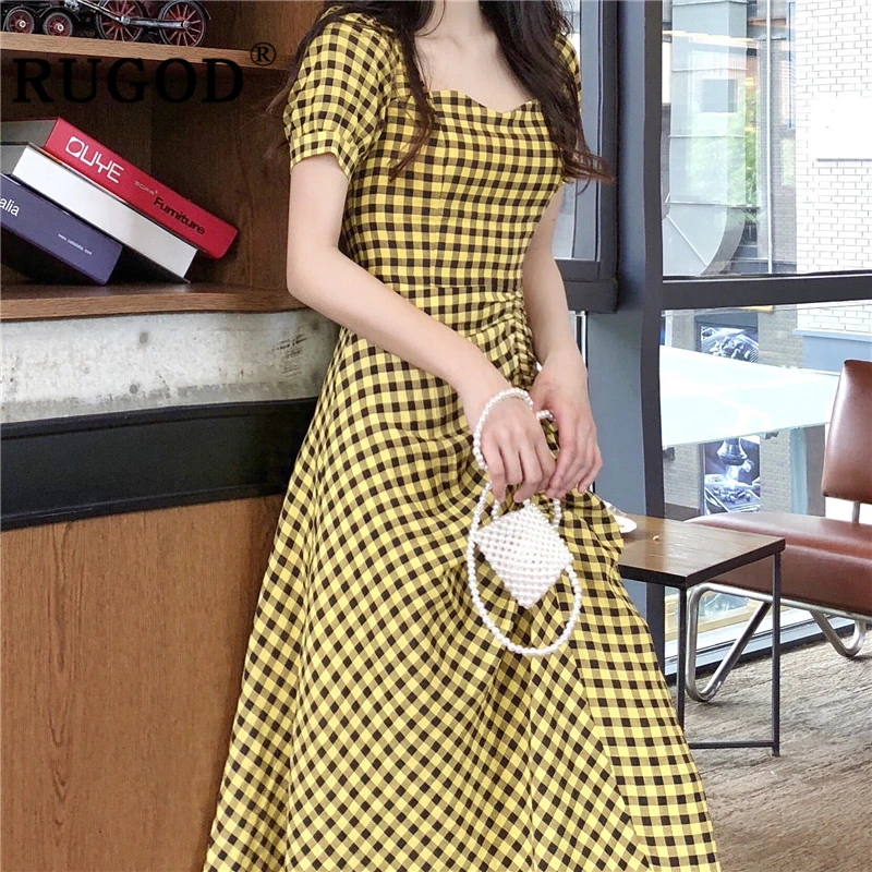 RUGOD/винтажное клетчатое длинное женское платье в Корейском стиле с квадратным