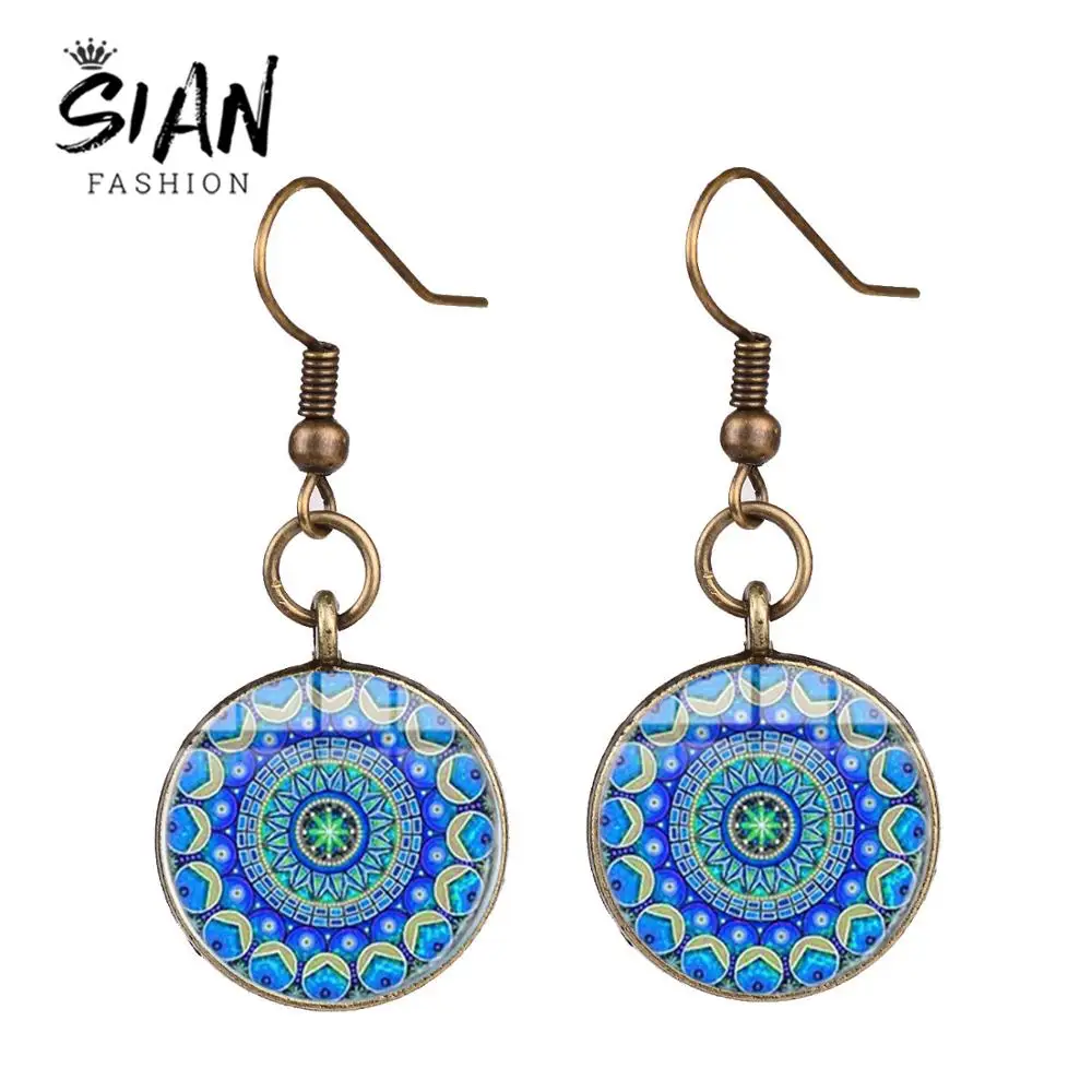 Азиатских синий Мандала хенна арт очаровательные серьги символ йоги Ом цветок