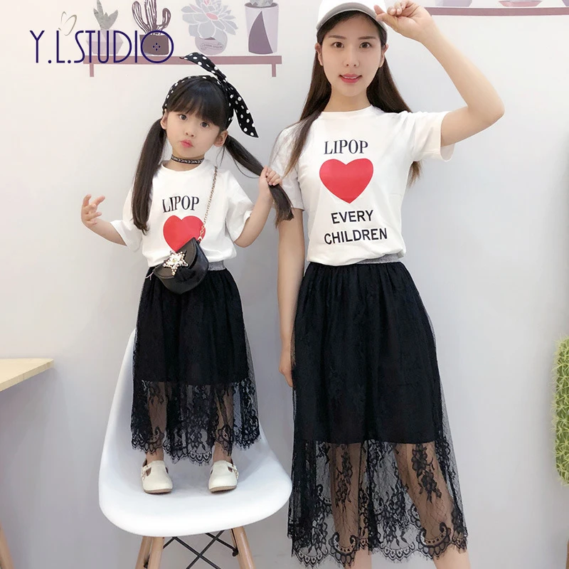 Платья для мамы и дочки семейная футболка с коротким рукавом принтом юбка