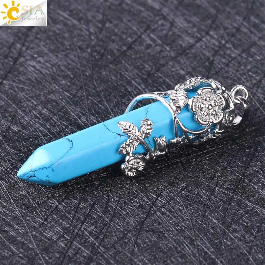 Blue Turquoise CSJA этническое племя тотемное ожерелье кулон большой размер натуральные камни камень шестиугольная Призма подвеска Кристалл Ювелирные изделия Подвески F430 - Окраска металла: Blue Turquoise