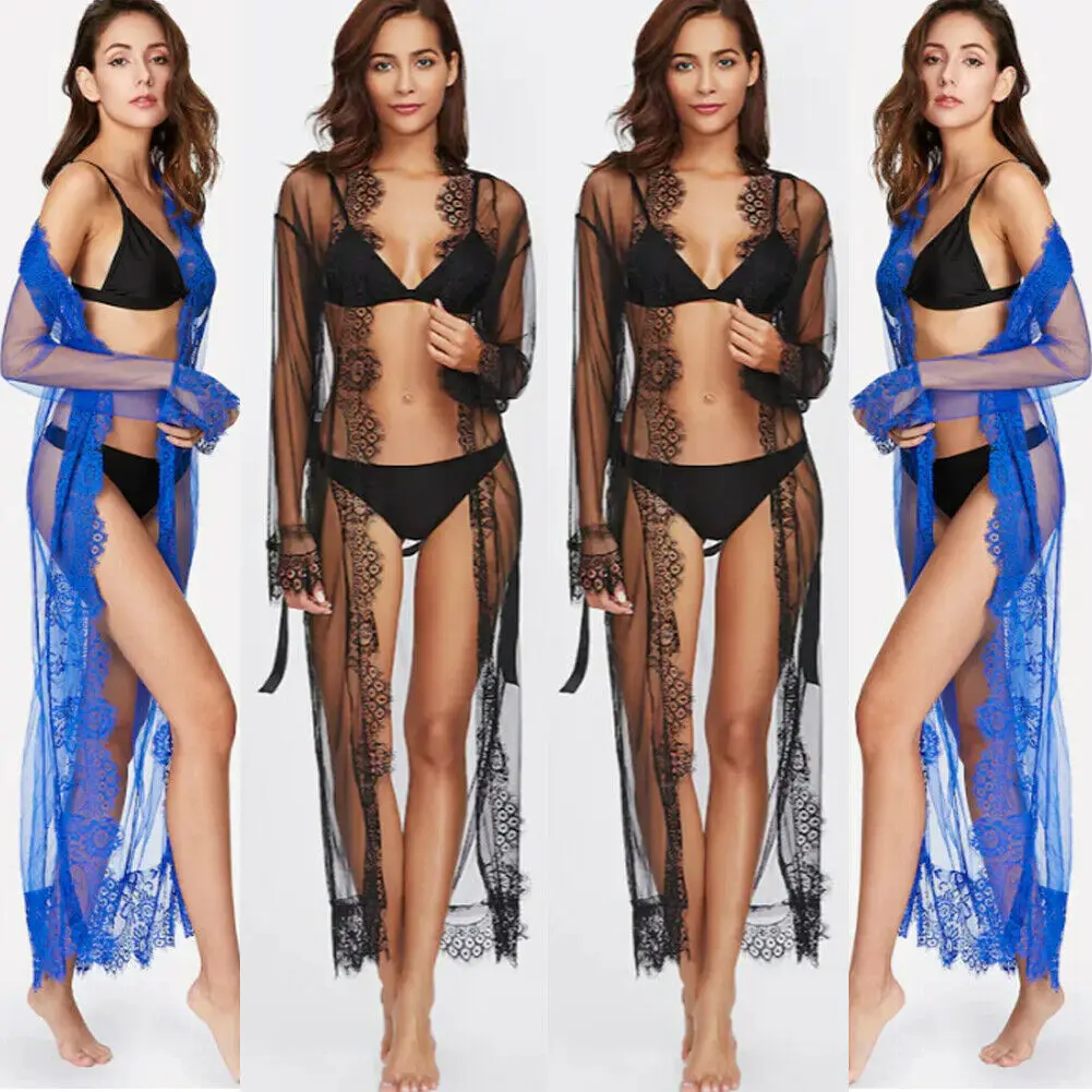 

Womens Swimwear Bikini Beach Wear Lace Cover Up Kaftan Ladies Summer Long Dress Sexy Mesh See Through Cover-Ups
