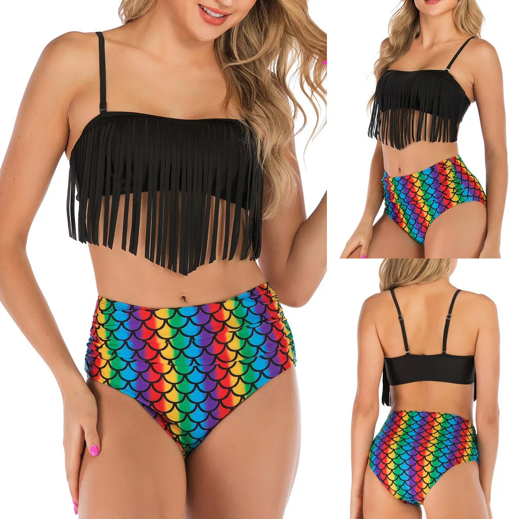 Летний сексуальный купальник с кисточками и принтом рыбьей чешуи женский