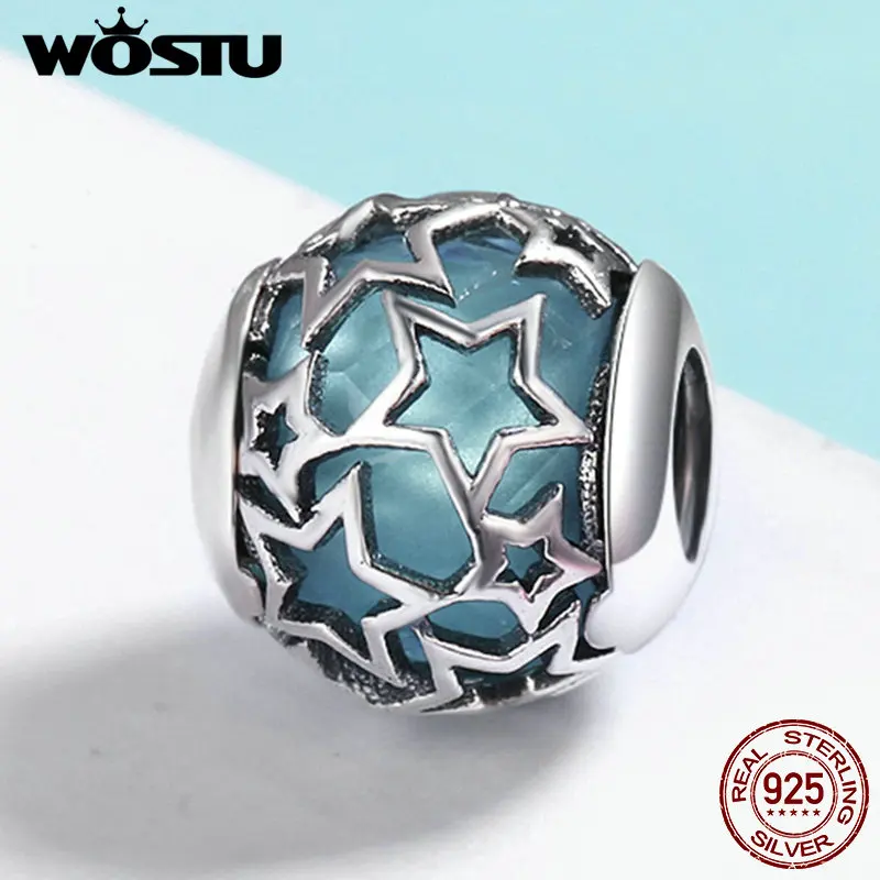 WOSTU 925 пробы серебряные Мерцающие Звезды ажурные синие хрустальные бусины