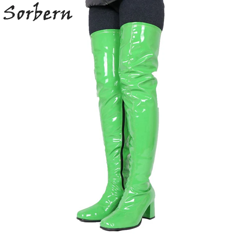 Green Shiny Sorbern Custom расклешённые сапоги женские квадратные носки 70 S GOGO сапоги женские до середины бедра высокие сапоги блочный каблук старинная обувь на квадратном каблуке - Цвет: Green Shiny