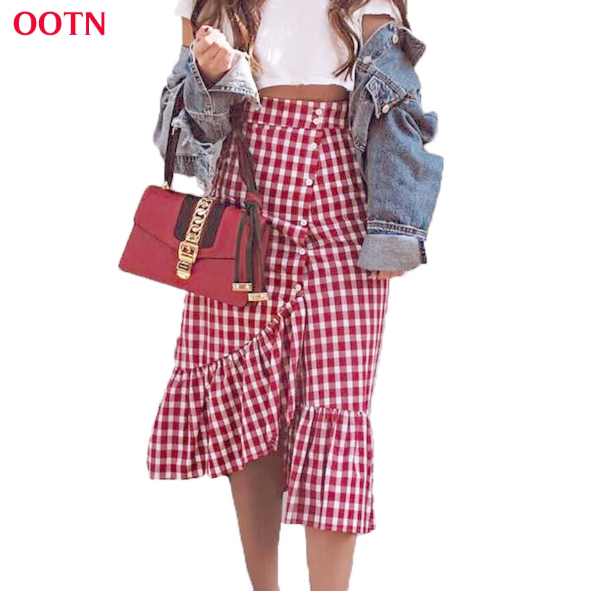 OOTN 2017 Лето Макси Юбка Женщины Красный И Белый Плед длинные Юбки Трепал Зонтик