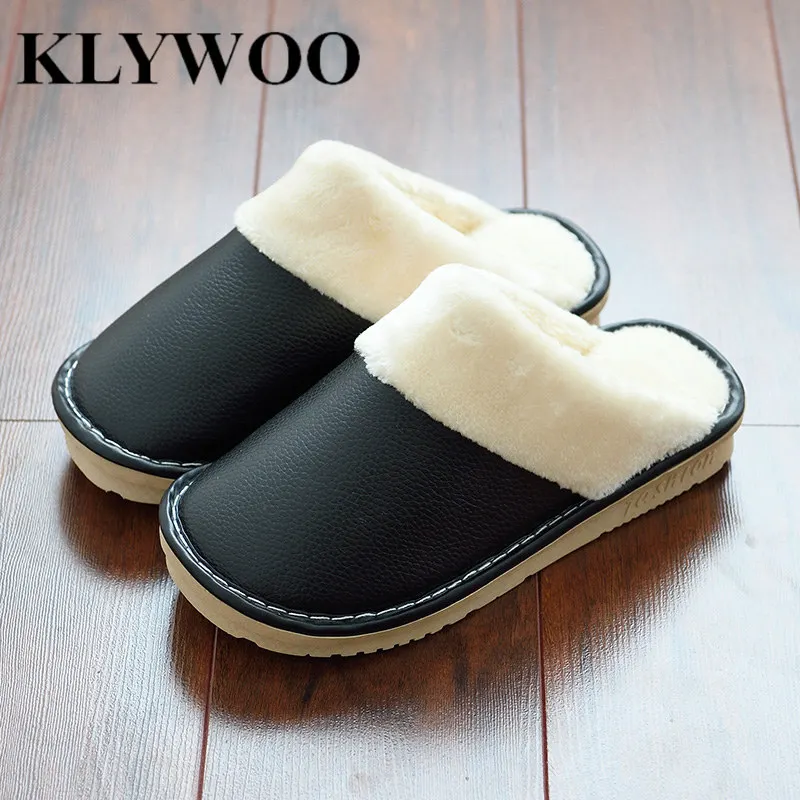 KLYWOO/домашние тапочки для мужчин зимняя кожаная обувь плюшевые теплые на плоской