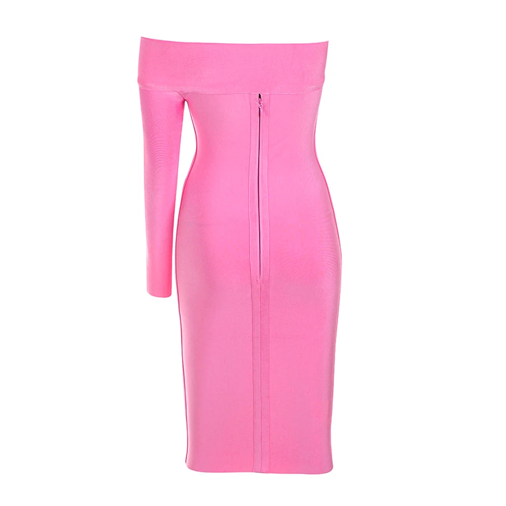 pink long sleeve sexy lady off shoulder slash neck bodycon knee length celebrity bandage dresses|Женские платья| |