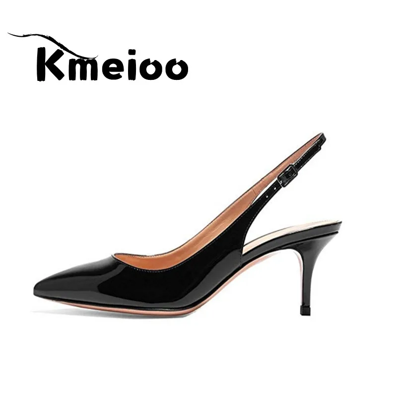 Black-patent Kmeioo/пикантные женские туфли-лодочки с леопардовым принтом на тонком каблуке, женская обувь для вечеринок, Брендовые женские туфли-лодочки с острым носком и ремешком на щиколотке, большие размеры - Цвет: Black-patent
