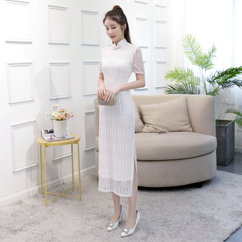

2019 Summer Long Cheongsam Vintage Chinese style Mandarin Collar Dress Womens Lace Qipao Slim Party Dresses Vestido S-XXL