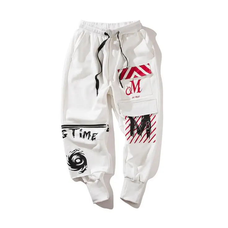 Белый HEYGUYS мужские шаровары в полоску с принтом Jogger Sweat брюки на молнии пэчворк хип-хоп Танцевальная спортивная мужская повседневная Уличная одежда - Цвет: Белый