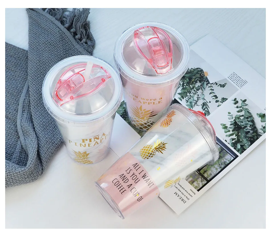 Creative Mugs Plastic Water Bottle Pink Pineapple Pattern Straw Travel Pop Up Portable Tea Milk Cup Drinkware Gifts 420ML