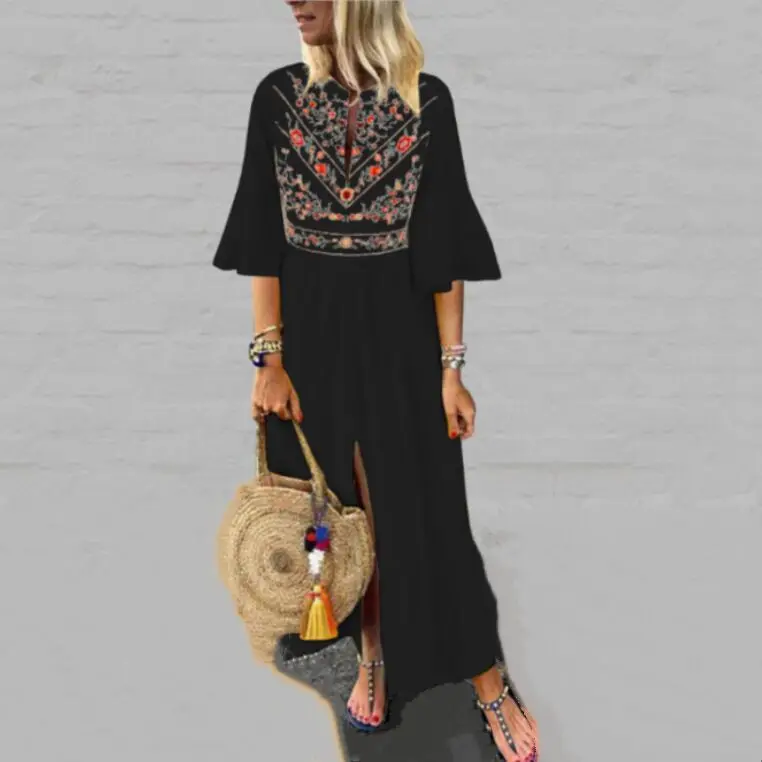 Платье женское длинное из хлопка и льна Повседневная Туника-Кафтан в стиле бохо с