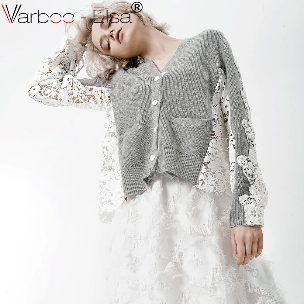 VARBOO_ELSA цветочный Вязание кардиган пальто Для женщин V шеи выдалбливают кружева с