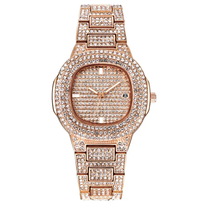 Rose Gold Хип-хоп роскошные часы со льдом+ браслет Дата кварцевые наручные часы с Micropave нержавеющая сталь часы для женщин ювелирные изделия - Цвет: Rose Gold