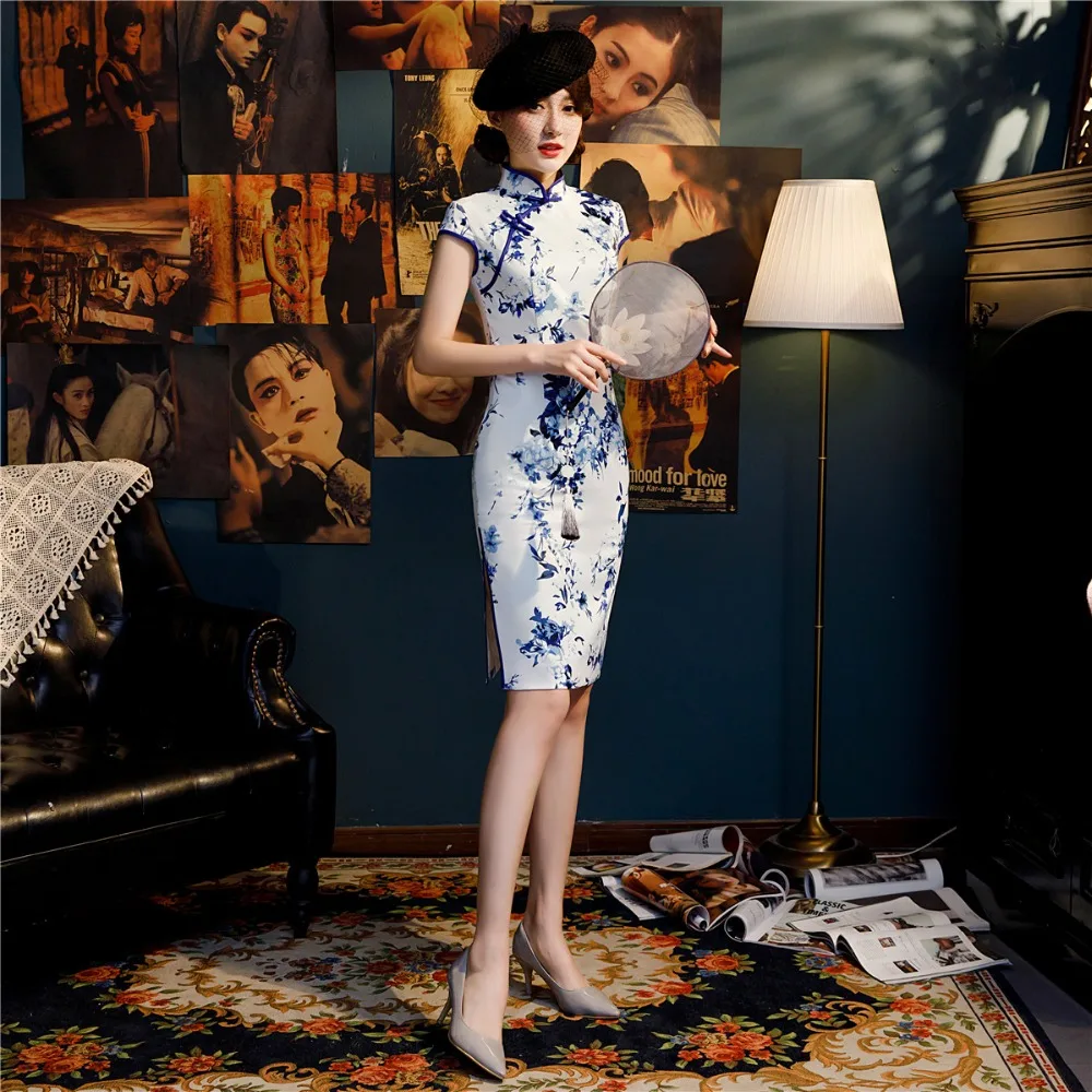 Шанхай история смесь из хлопка короткий рукав цветочный принт Qipao разделение