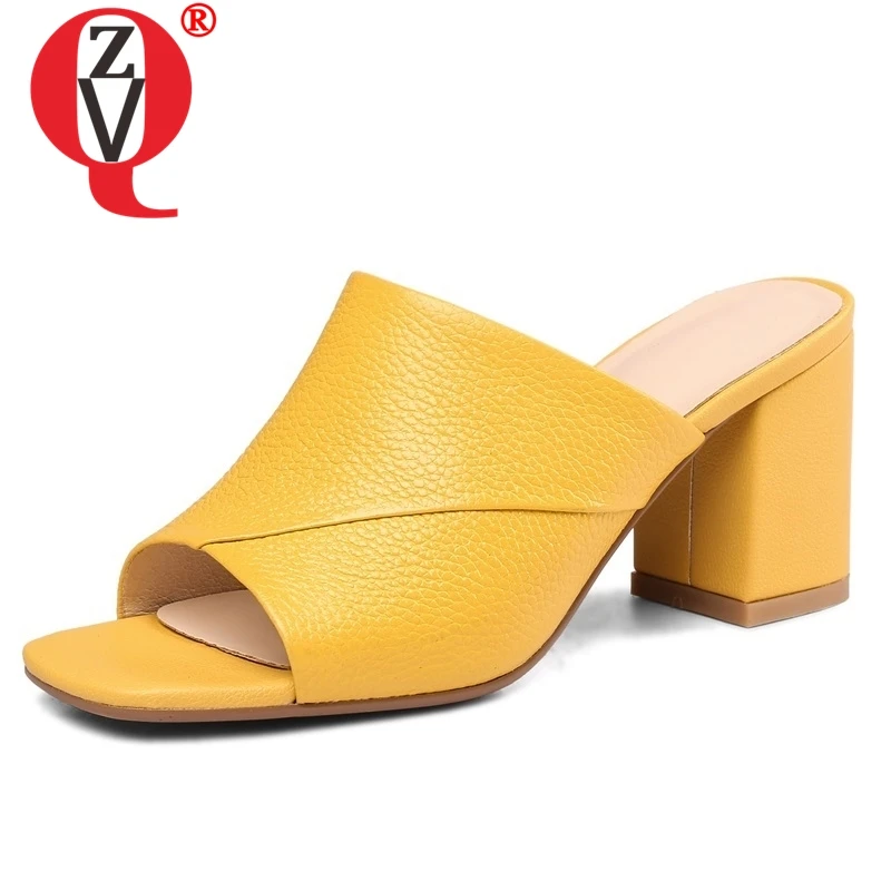 

Женские туфли-лодочки ZVQ, натуральная кожа, открытый носок, высокий квадратный каблук, однотонная обувь, лето 2019