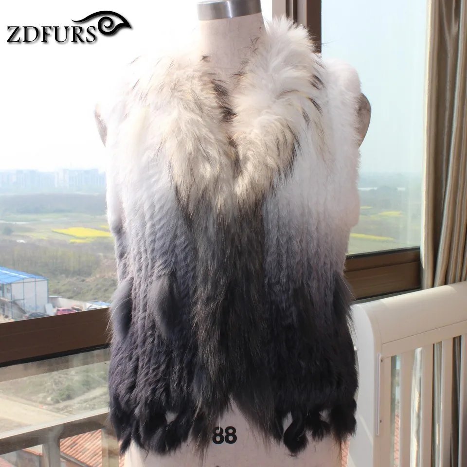 ZDFURS * Raccoon Fur collar Women rabbit fur gilet Waistcoat colete pele  Ladies Knitted Natural Rabbit Fur Vest  ZDKR-165005A
