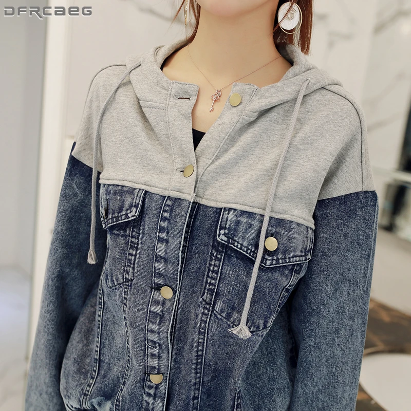 

5XL Harajuku Plus Size Oversized Denim Jacket Women Black Gray Hoodies Sweatshirt Patchwork Jeans Jackets Loose Autumn Overcoat