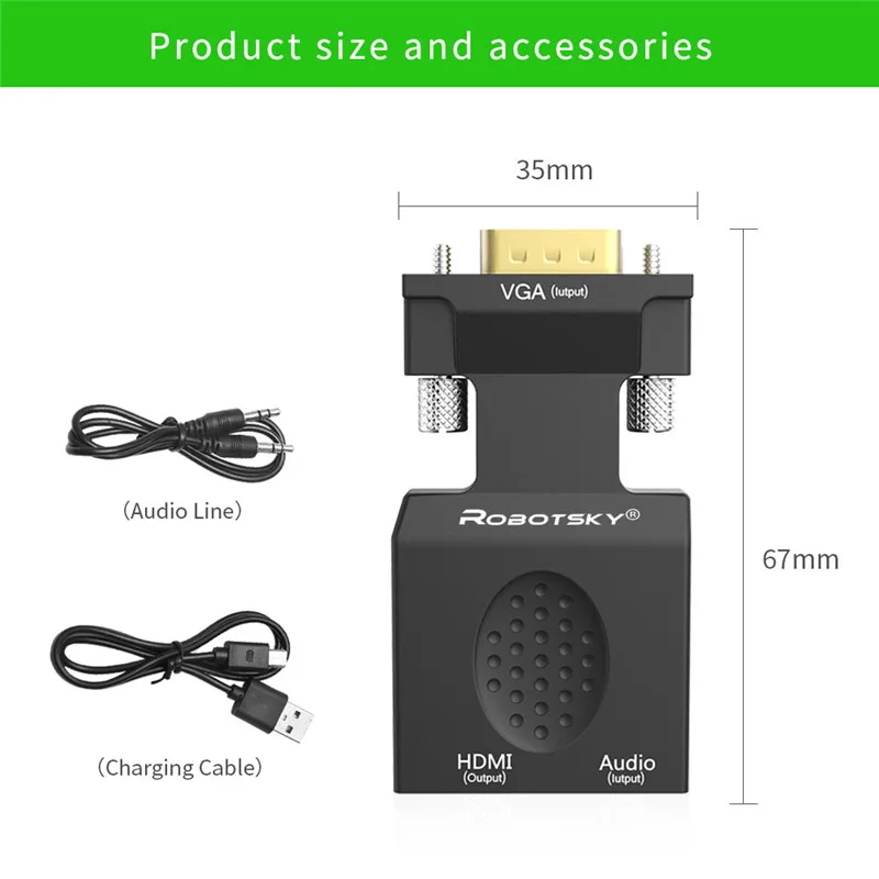 Robotsky VGA к HDMI адаптер папа к женскому 1080P AV видео конвертер кабель для ноутбука DVD ТВ проектор