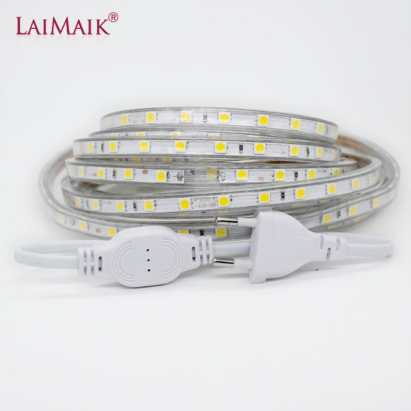 Laimaik AC 220 В светодиодная лента Водонепроницаемый IP67 LED Клейкие ленты 60leds/M 5050SMD rgb гибкая 5 м 10 М Строка Освещение с Мощность plug