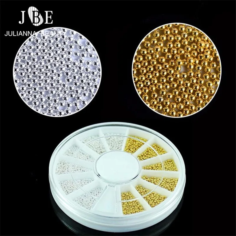 Золотые/Серебристые круглые жемчужные бусины для дизайна ногтей металлические