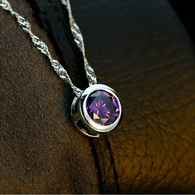 

100% 925 sterling silver fashion round shiny crystal ladies`pendant necklaces jewelry women short chain birthday gift no fade