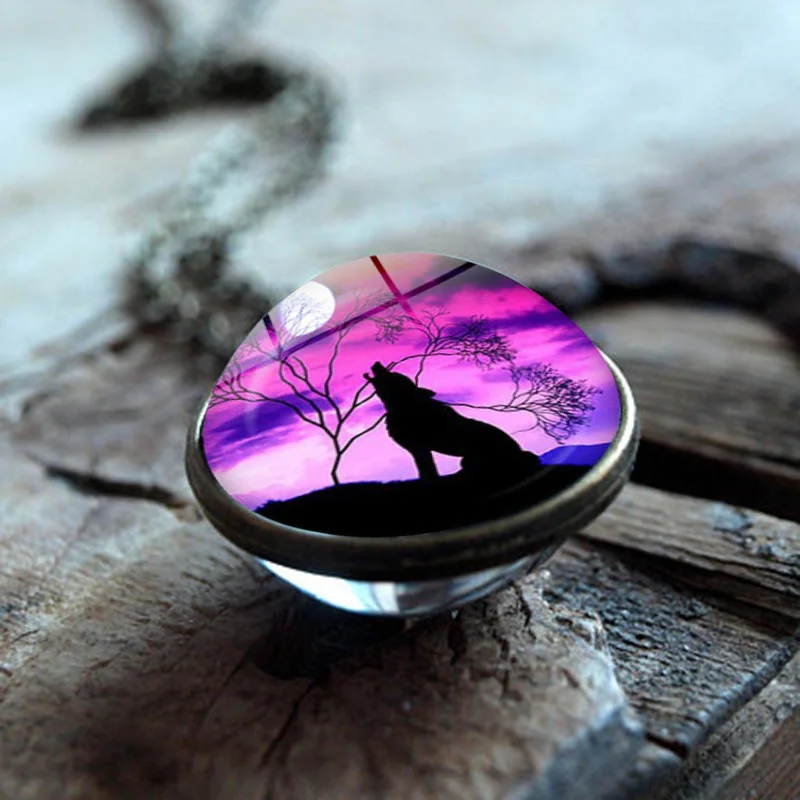 XUSHUI XJ Creative Double Sided Glass Ball Pendant Howling Wolf and Moon Necklace Chain Women Vintage Jewelry Christmas Gifts | Украшения и