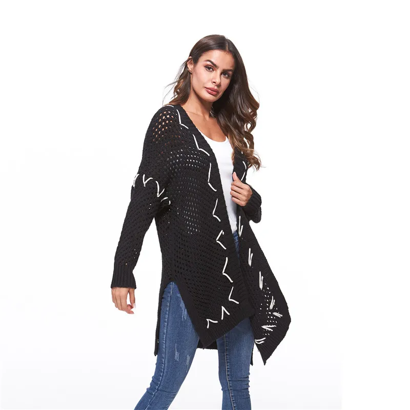 Elegant Side Slit Knitting Long Cardigan Women Sweater Sleeve Jumper Autumn Oversized Loose Female Hollow Out Jersey Coat |