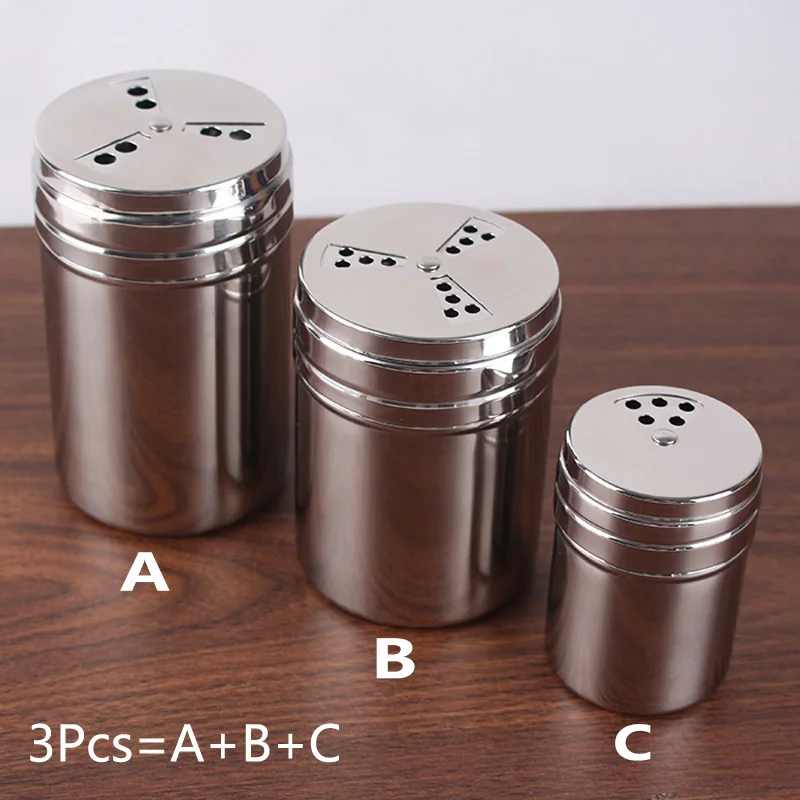 3pcs ABC 3 шт многоцелевой из нержавеющей стали шейкер для специй и перца Кухонные гаджеты банка для специй Вращающаяся крышка приправа банка для соли и сахара 3 размера - Цвет: 3pcs ABC