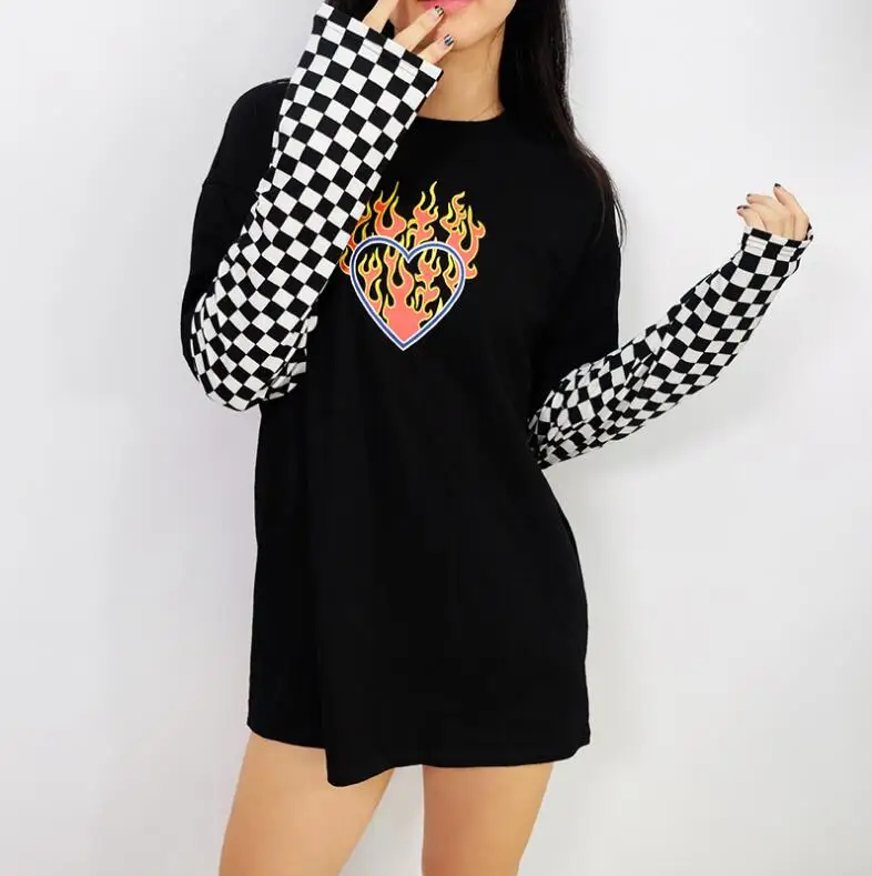 

plaid patchwork long sleeves T-shirt female