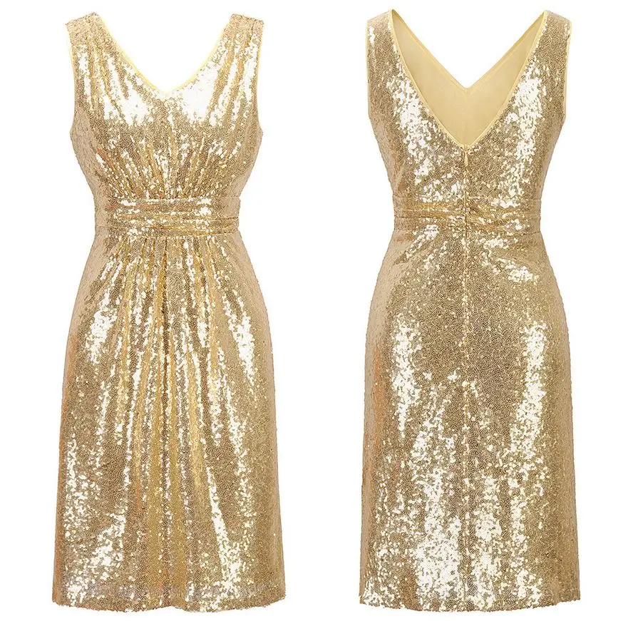 

Vestido madrinha2019 new one shoulder V neck gold sequin bridesmaid dress short robe demoiselle d'honneur cheap wedding guest