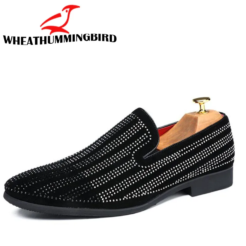 Male Pointed toe flats Driving Shoes Loafers Fashion Men dress shoes Rhinestone Black Party Wedding big size 47 LM-70Z | Обувь