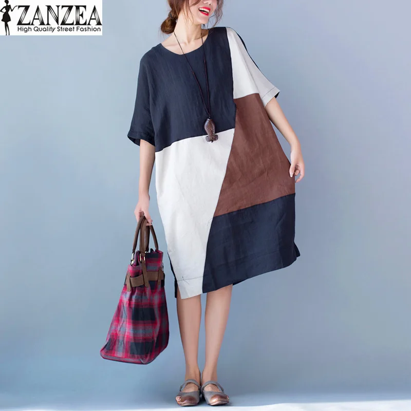 Новая мода ZANZEA Oversize Лоскутная Повседневный Кафтан Vestido 2019 женские летние