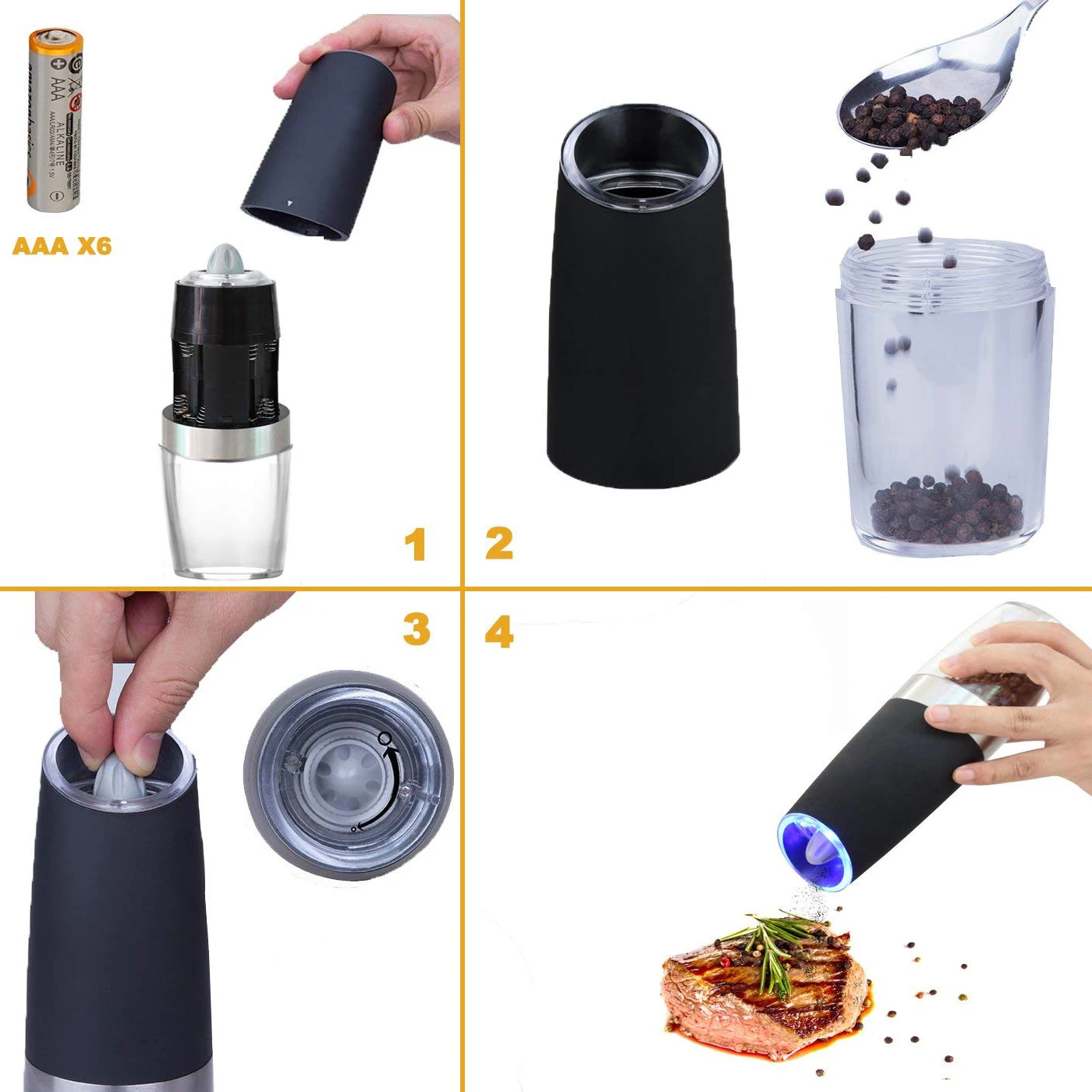 Premium Gravity Electric Salt and Pepper Grinder Set of 2 Battery Powered Shakers Automatic One Hand Mills with L
