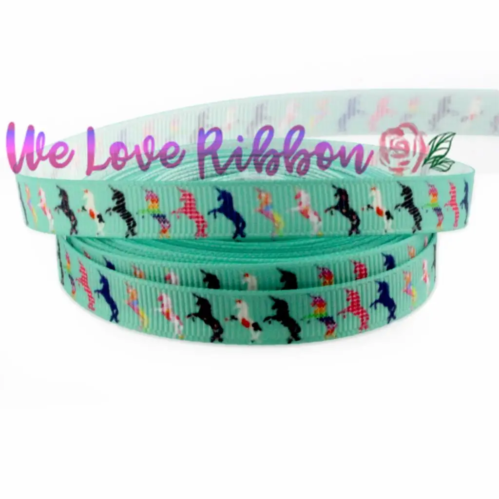 3/8 &quot9 мм рисунок единорога печатная Grosgrain лента зеленая Нижняя сделай сам