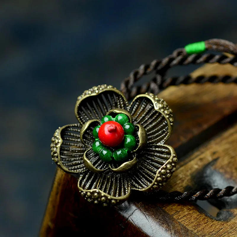 Длинное винтажное женское ожерелье макси с подвеской в виде бронзового цветка