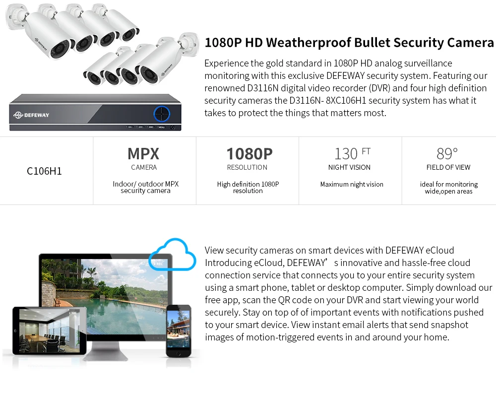 DEFEWAY 16CH 1080P 2000TVL наружная система камер домашней безопасности CCTV видео Наблюдение DVR комплект AHD камера набор с 8 камера s