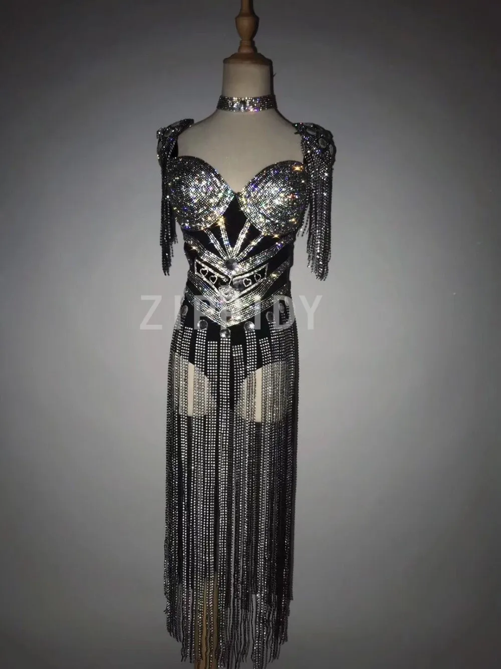 Sparkly Silver Rhinestones Fringes Sleeveless Bodysuit Luxury Stones Long Tassel Leotard Women's Birthday DJ Dance Evening Wear