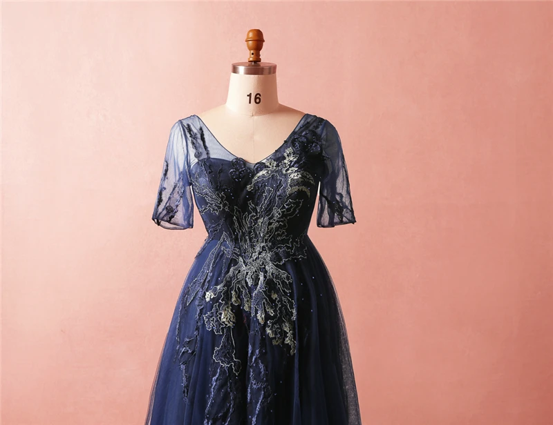 Элегантные темно синие длинные платья jaevini для матери невесты с рукавами и V