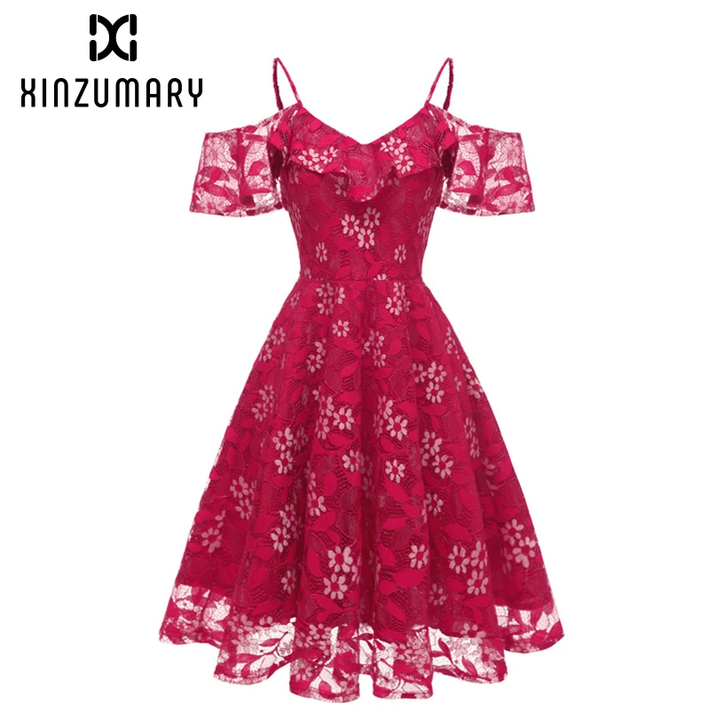 Lace Spaghetti Strap Women Dress 2019 New Slim Big Swing Solid color Party Club Dresses Summer off shoulder short Sundress | Женская