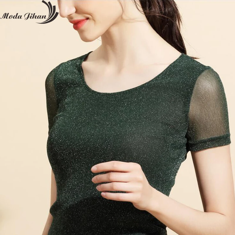 Moda Jihan женская рубашка с блестками блестящая сетка короткий рукав круглым
