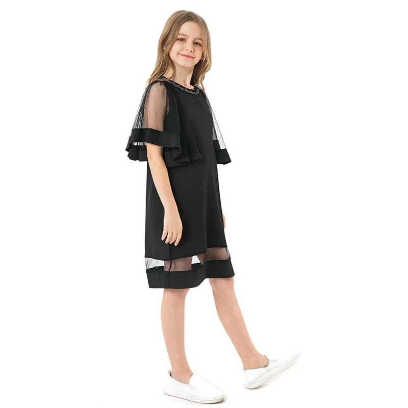 Girls Black Elegant Dress Kids Clothing 2019 Spring Teen Fashion Sleeve Chiffon A Line Casual Dresses for 8 10 12 Years Teenager | Детская